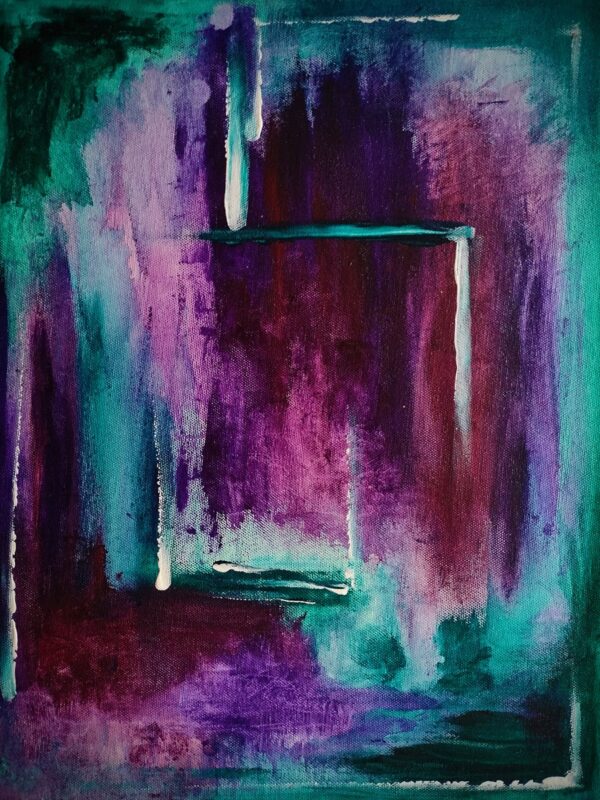 With blues, purples and whites, this painting shows the depths of a cave and the lines of perception