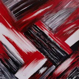 Abstract painting in layered diagonals of red, black and white