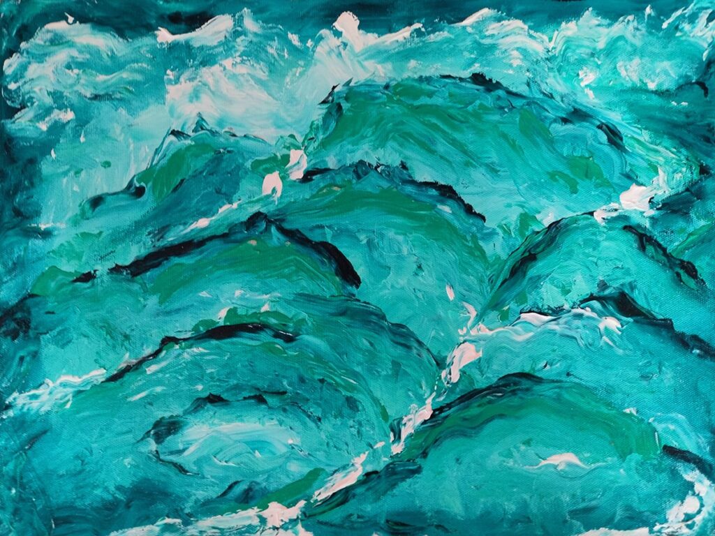 An abstract painting in blues, greens and whites depicts monsoon hills