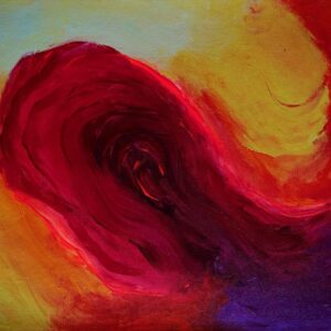 A wave of red grows from purple shadows in contrast to the light background of yellow, white and orange.